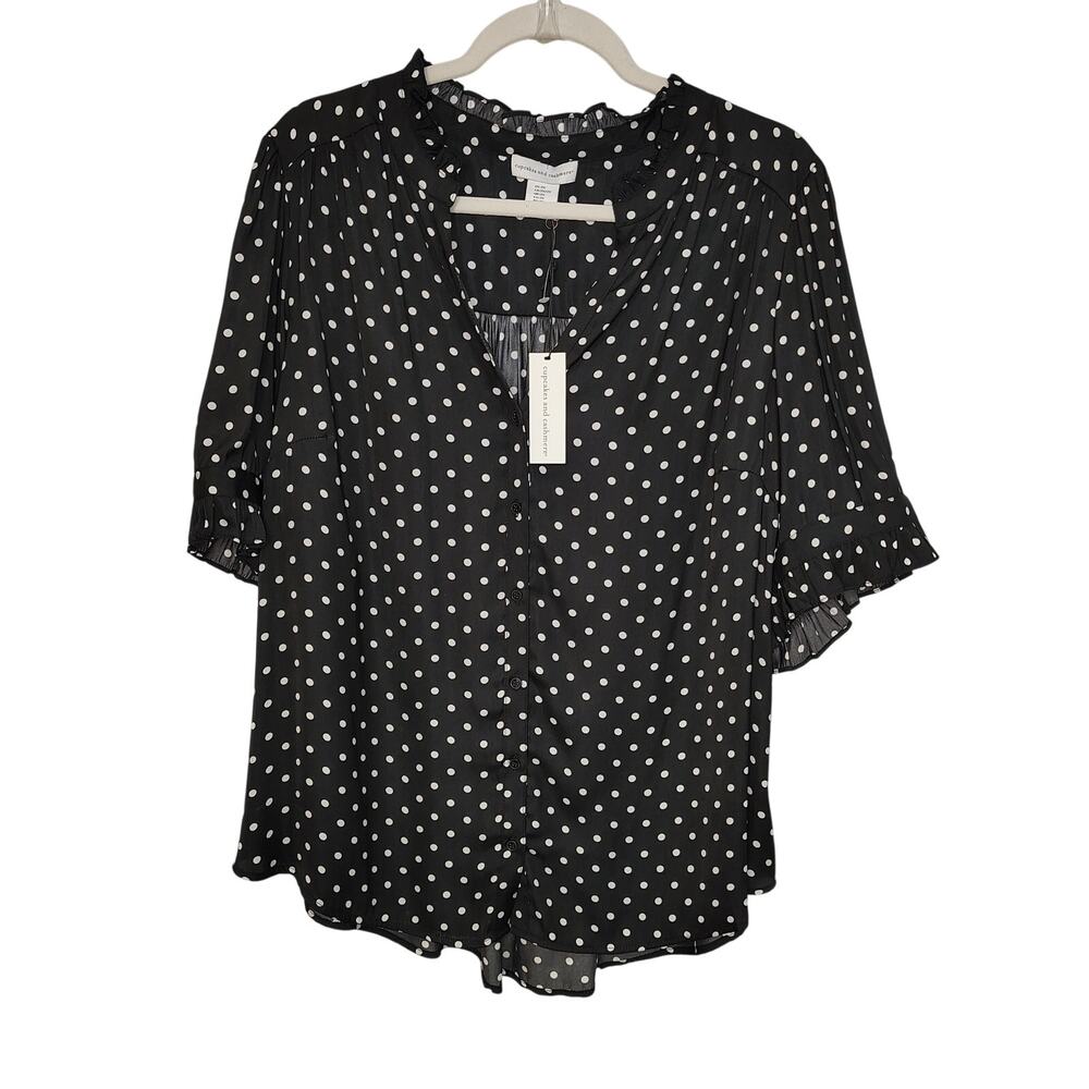 New Cupcakes & Cashmere Womens 2X Top Plus Size Black Polka Dot Blouse Hi Lo
